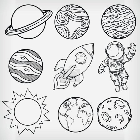 Téléchargez les photos : Croquis des planètes galaxiques de l'espace extérieur de Doodle - en image libre de droit