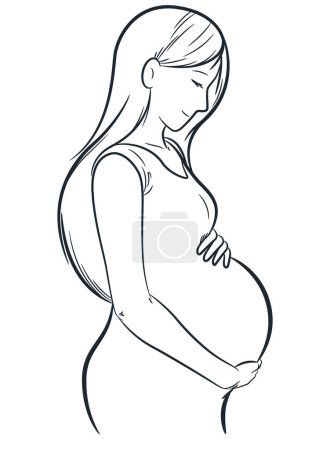 Téléchargez les photos : Esquisse Attente Femme Toucher le ventre enceinte - en image libre de droit