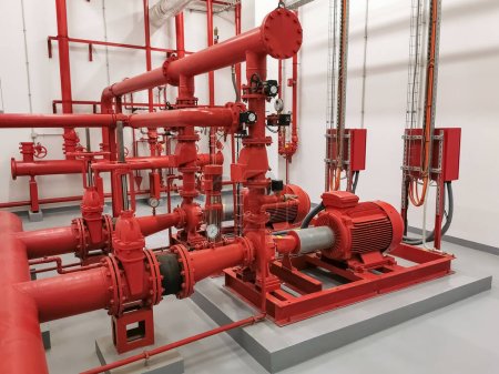 View at industrial electrically powered water pumps and pipes, this pumping group serves for water injection for building fires, sprinklers and fire reels View industrial electrically powered pump...