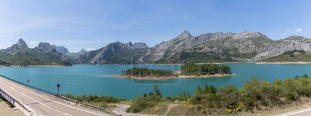 Panoramic view at the Riano Reservoir, located on Picos de Europa or Peaks of Europe, a mountain range forming part of the Cantabrian Mountains in northern Spain...