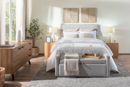 Une scène de chambre intérieure avec un lit, des tabourets et des commodes