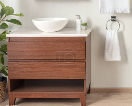 Nature-infused bathroom showcasing a walnut finish mid-century modern vanity with a sleek white vessel sink, accompanied by eco-friendly hygiene accessories, against a backdrop of soft, neutral tones.