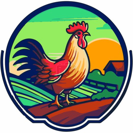 Téléchargez les photos : Logo de ferme avec poulets et champs au lever du soleil - en image libre de droit