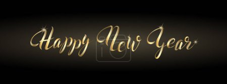 Téléchargez les photos : Inscription festive Bonne année sous la forme de rubans dorés étincelants isolés sur un fond sombre. Peut être utilisé pour carte de vœux, affiche, bannière, flyer, fond - en image libre de droit