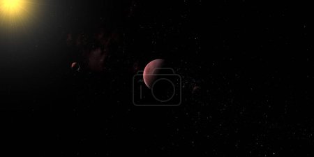 Foto de Luna Weywot orbitando alrededor del planeta enano Quaoar. 3d renderizar - Imagen libre de derechos