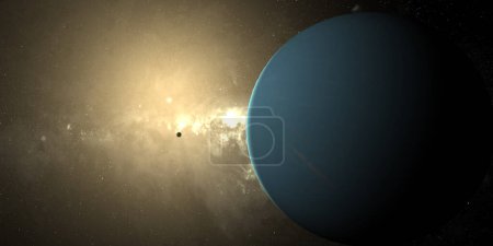 Photo for Uranus planet with Puck moon orbiting and sun and solar atmosphere - Royalty Free Image