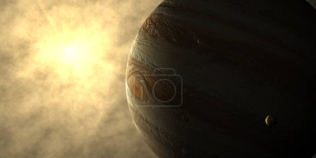 Téléchargez les photos : Jupiter planète avec Io lune en orbite et le soleil et l'atmosphère solaire - en image libre de droit