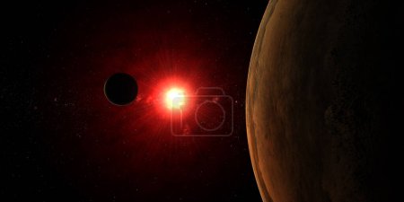 Téléchargez les photos : Lune en orbite autour de 38628 Huya et éclipsant une grande étoile rouge dans l'espace - en image libre de droit