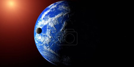 Photo for Moon orbiting habitable hypothetical exoplanet Toi 700 D and big red star - Royalty Free Image