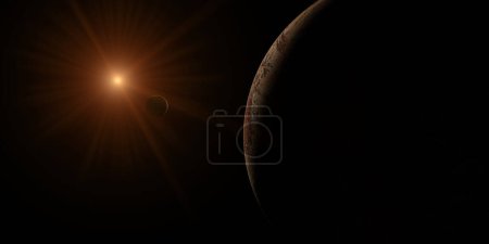 Téléchargez les photos : Planète aride en orbite autour d'un satellite naturel et d'une étoile rouge en arrière-plan - en image libre de droit