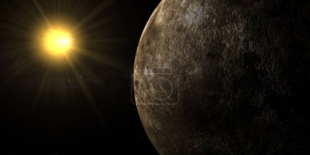 Photo for Fictitious rocky desert planet or dry planet orbiting with a sun in the universe - Royalty Free Image