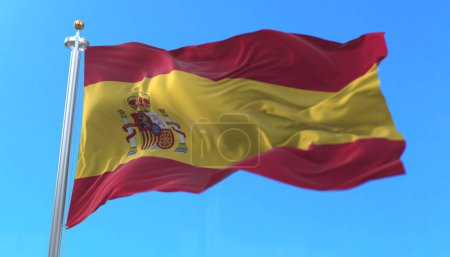 Foto de Bandera de España ondeando al viento con el cielo azul. 3d renderizar - Imagen libre de derechos