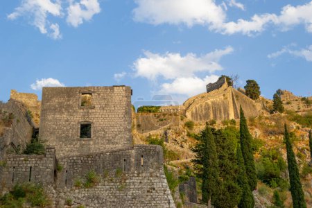 Blick auf eine Burgmauer auf einem felsigen Berg an der Bucht von Kotor in Montenegro