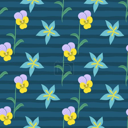 Illustration for Pansy heartsease spring pattern on striped background - Royalty Free Image