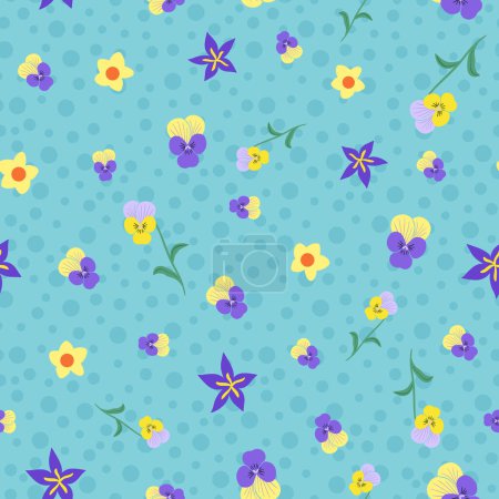 Illustration for Small spring flowers vector pattern design on blue background - Royalty Free Image