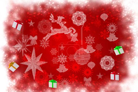 Abstrait festive rose rouge scintillant texture de fond de Noël avec des étoiles éclairées bokeh, des boules, des boîtes-cadeaux, un cerf et d'autres éléments de Noël. Belle conception de carte. Espace.