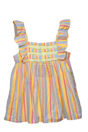 Foto de Summer dress isolated. Closeup of a colorful striped sleeveless baby girl dress isolated on a white background. Children spring fashion. Clipping path. Back view. - Imagen libre de derechos