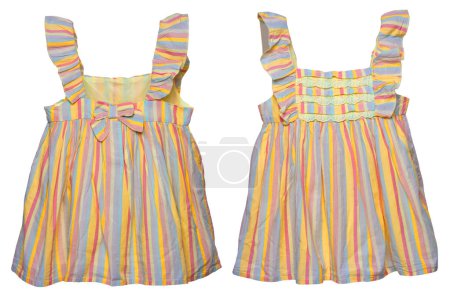 Foto de Summer dress isolated. Closeup of a colorful striped sleeveless baby girl dress isolated on a white background. Children spring fashion. Front and back view. - Imagen libre de derechos