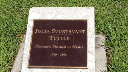 Photo for MIAMI, Florida - Mar 04, 2017: Memorial plaque on the statue of Julia Tuttle in Bayfront Park , an American businesswoman who owned the land on which Miami, Florida, was built. - Royalty Free Image