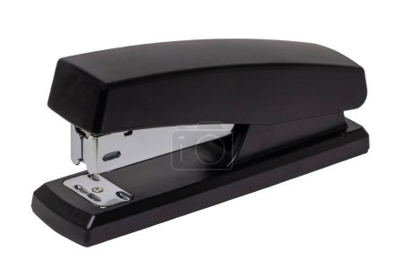 Black professional stapler isolated. Clipping path. Macro. Office supplies, stationery, sharpener and others.