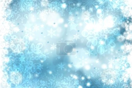 Téléchargez les photos : Modèle de carte de Noël. Texture abstraite de fond de Noël d'hiver bleu festif avec un bokeh pastel illuminé boules de Noël et étoiles. Belle conception de carte. Espace. - en image libre de droit