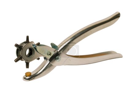 Photo for Tailoring accessories. Closeup of a old adjustable Steel punch pliers or hole punch tool isolated. Clipping path. Tools from tailor, saddler or cobbler. - Royalty Free Image