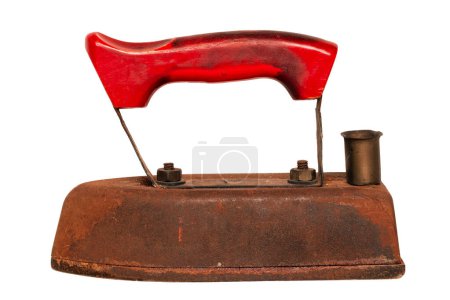 Photo for Vintage Iron isolated. Antique professional old rusty electric tailor iron with a red wooden handle with Clipping path isolated on white. Tailoring accessories. Macro. - Royalty Free Image