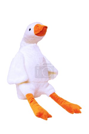 Plush toy duck isolated. Childrens toy stuffed animals. Soft white plush toy ente for kids isolated on a white background. Enter teddy toy. White duck for playing.