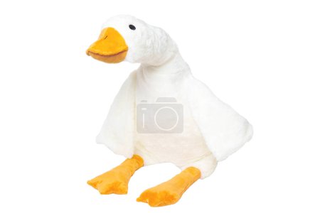Childrens toy stuffed animals. Soft white plush toy duck for kids isolated on a white background. Duck teddy toy. White duck for playing.