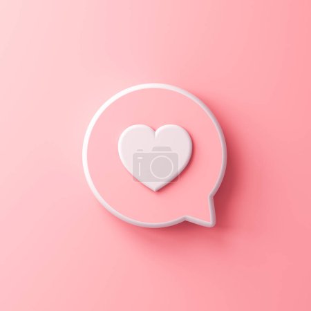 Dulce rosa 3d amor como corazón notificación de redes sociales voz burbuja icono pin aislado en rosa claro pastel color fondo de la pared con sombra mínima conceptual 3D renderizado