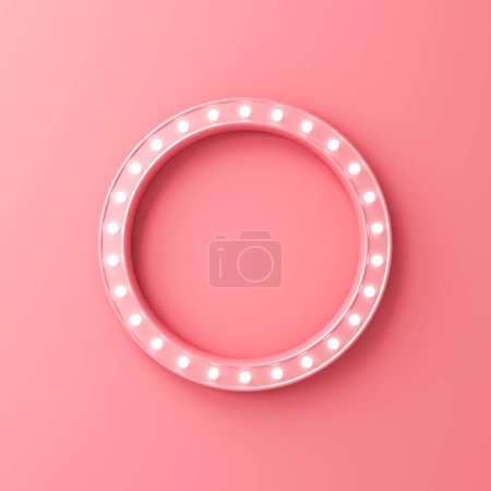 Téléchargez les photos : Panneau d'affichage rond rétro rose doux avec cadre d'ampoules au néon isolé sur fond de mur de couleur pastel orange rose avec ombre concept minimal rendu 3D - en image libre de droit