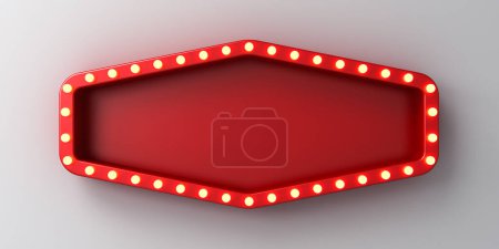 Téléchargez les photos : Boîte à lumière rétro rétro rouge ou panneau lumineux vierge avec ampoules fluorescentes jaunes isolées sur fond mural blanc avec rendu 3D ombre - en image libre de droit