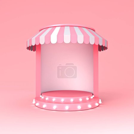 Téléchargez les photos : Kiosque d'exposition vierge podium de scène ou présentoir vierge stand de magasin avec auvent à dôme rayé rose et ampoules néon rétro isolé sur fond de couleur pastel rose rendu 3D conceptuel minimal - en image libre de droit