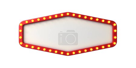 Blank retro billboard sign or blank white signboard with yellow glowing neon light bulbs isolated on white background 3D rendering