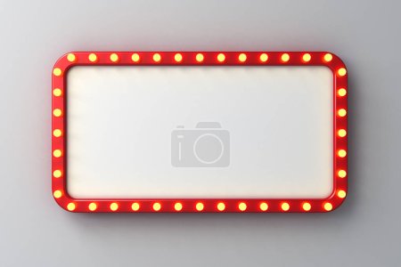 Retro billboard or blank shining signboard with glowing yellow neon light bulbs isolated on white wall background with shadow 3D rendering