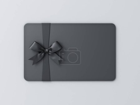 Téléchargez les photos : Carte de visite cadeau noir vierge avec noeud ruban noir isolé sur fond blanc gris avec ombre concept minimal rendu 3D - en image libre de droit