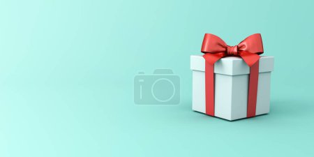 Téléchargez les photos : Boîte cadeau avec ruban rouge et arc ou boîte cadeau blanc isolé sur la couleur pastel bleu clair vert avec fond dégradé espace vide concept minimal rendu 3D - en image libre de droit