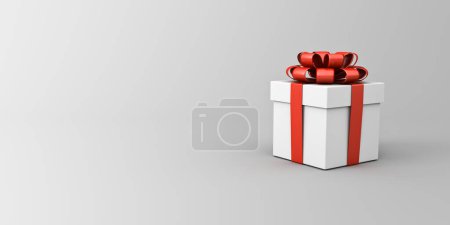 Téléchargez les photos : Coffret cadeau blanc avec ruban rouge et arc ou coffret cadeau blanc isolé sur fond gris avec espace de dégradé vierge concept minimal rendu 3D - en image libre de droit