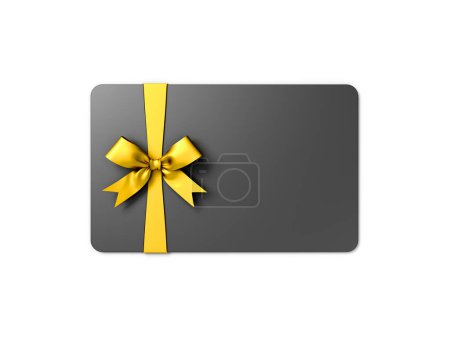 Téléchargez les photos : Carte-cadeau noire vierge ou chèque-cadeau avec ruban d'or arc isolé sur fond blanc avec ombre concept minimal rendu 3D - en image libre de droit