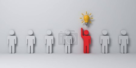 Photo for Stand out from the crowd and different concepts One red man raising his hand with yellow idea bulb amongs other white people on white grey wall background with shadows 3D rendering - Royalty Free Image