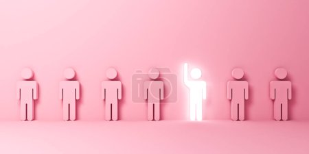 Photo for One shining man standing with raising hand amongs other people stand out from the crowd and different business creative idea concepts on pink pastel color background with shadows 3D rendering - Royalty Free Image