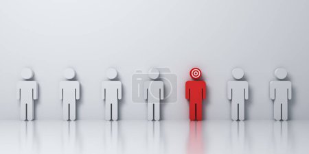 Photo for Stand out from the crowd and different creative idea concepts one red target marketing man  amongs other white people on white gray background with shadows and reflections 3D rendering - Royalty Free Image