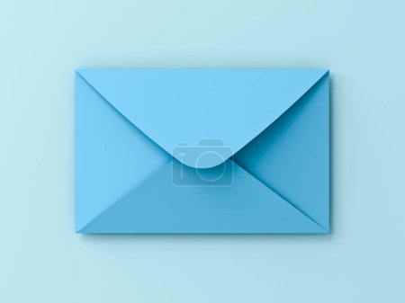 Téléchargez les photos : Icône de messagerie bleue minimale 3d ou enveloppe bleue sur fond bleu pastel ou cyan avec lettre d'ombre e mail rendu 3D conceptuel - en image libre de droit