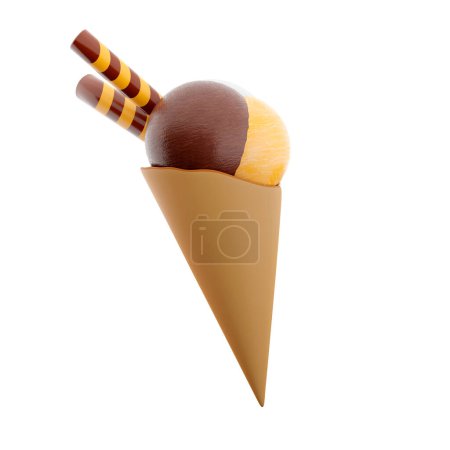 Foto de 3d representación de helados con tres cucharadas y un icono de cono de gofre. 3d hacer helado con sabor a chocolate, plátano y leche con dos palos icono. - Imagen libre de derechos