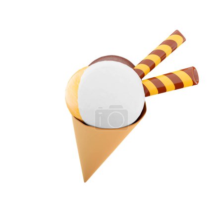 Foto de 3d representación de helados con tres cucharadas y un icono de cono de gofre. 3d hacer helado con sabor a chocolate, plátano y leche con dos palos icono. - Imagen libre de derechos