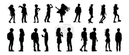Children silhouettes playing outdoor isolated on white background. Collection of happy children in different positions. Kid play on playground. Kid gymnastic different position. Active boys and girls