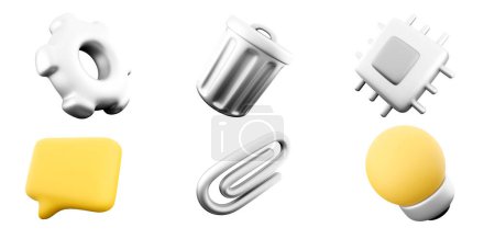 Photo for 3d rendering gear, trash can, microchip, message notification, paper clip, light bulb icon set. 3d render ui design concept icon set. - Royalty Free Image