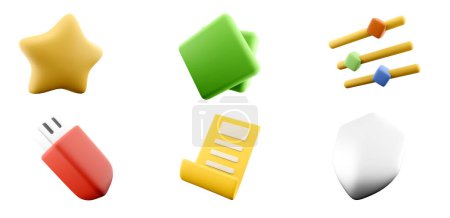 Photo for 3d rendering yellow star, resize window app, line slider bar, usb flash drive, document, malware protection icon set. 3d render ui design concept icon set. - Royalty Free Image