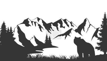 Téléchargez les photos : Montagne vectorielle forêt forêt fond texture motif sans couture avec grizzli brun. - en image libre de droit