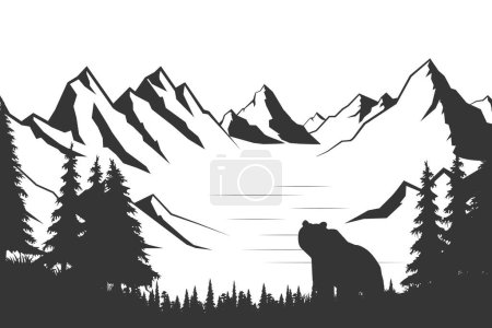 Téléchargez les photos : Ours dans une race sauvage dans le contexte de la forêt et des montagnes. Voyage, aventure, symbole de la faune. Espaces naturels ouverts. Écologie - en image libre de droit